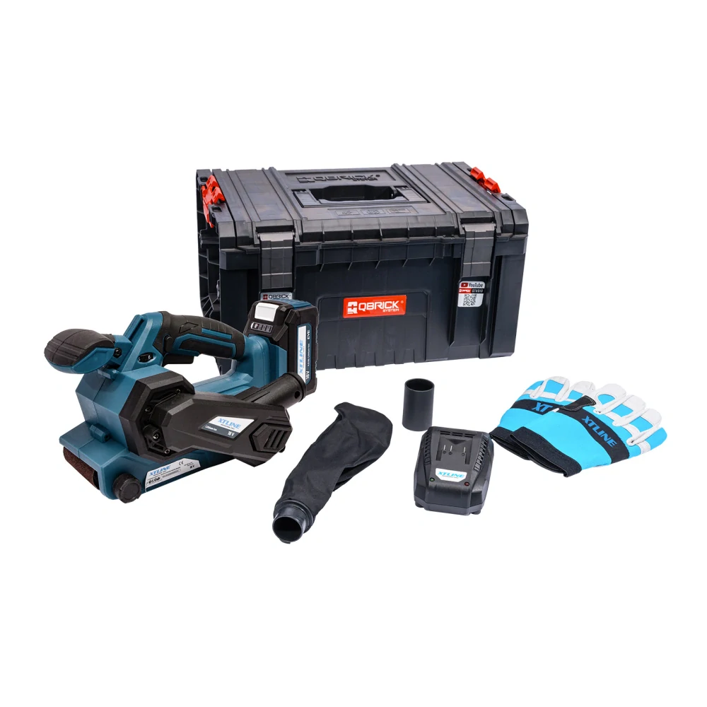 XTLINE aku pásová bruska 18 V + baterie 5.0 Ah + nabíječka 3.5 A + kufr, XT102755-1B5B