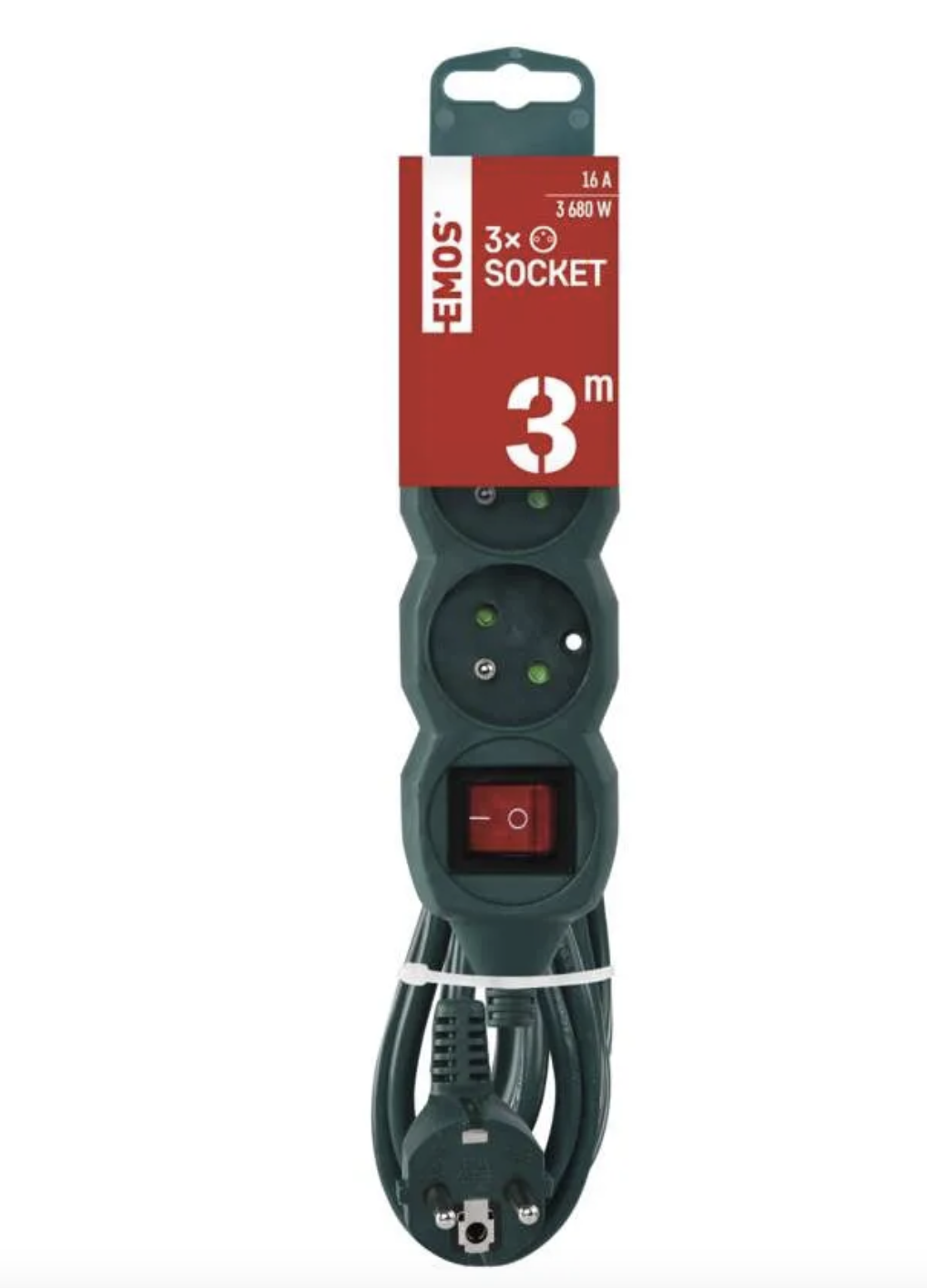 EMOS Prodlužovací kabel 3 m / 3 zásuvky / s vypínačem / zelený / PVC / 1,5 mm2