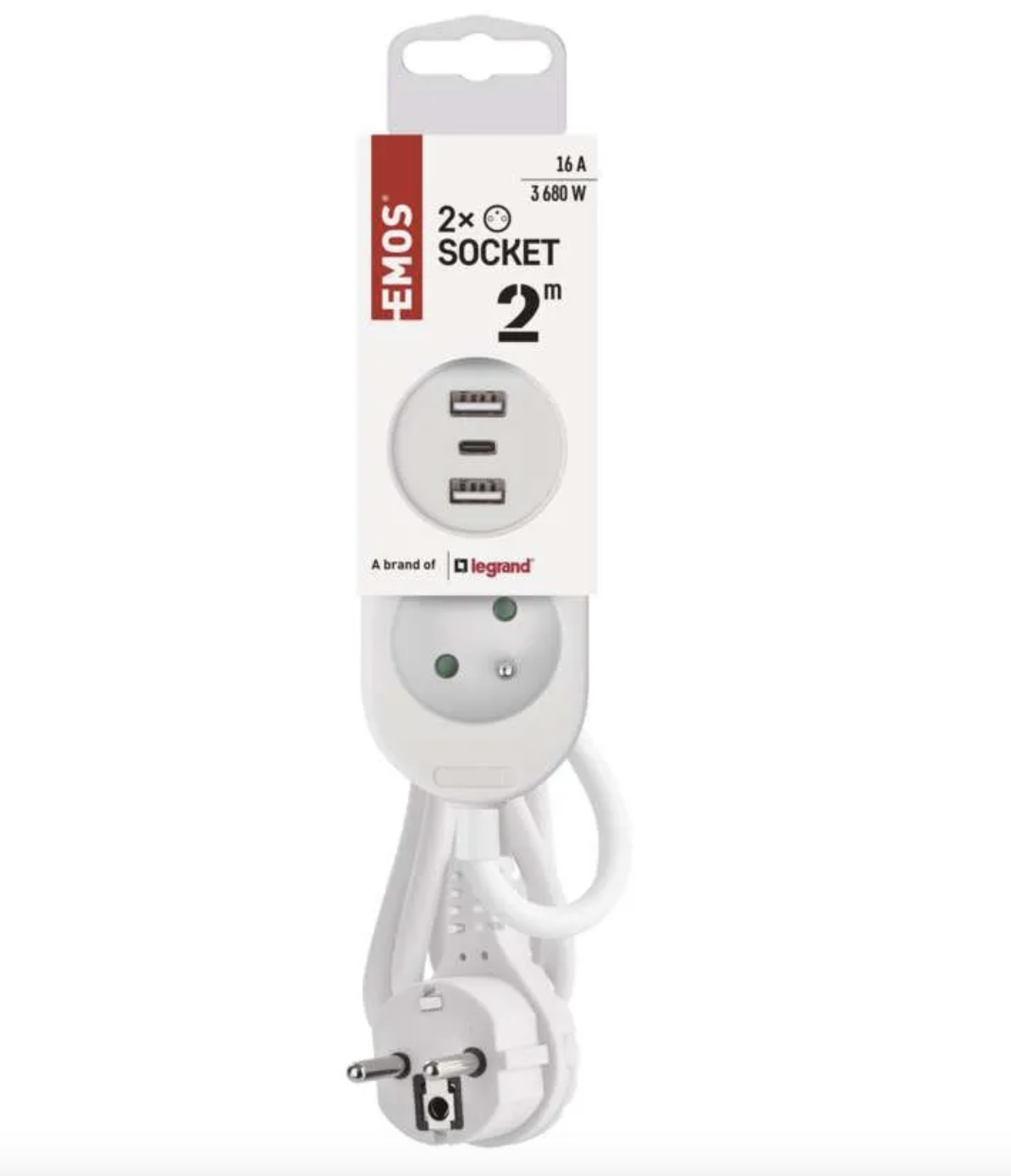 EMOS Prodlužovací kabel 2 m / 2 zásuvky+2×USB A+1×USB C / bílý / PVC / 1 mm2