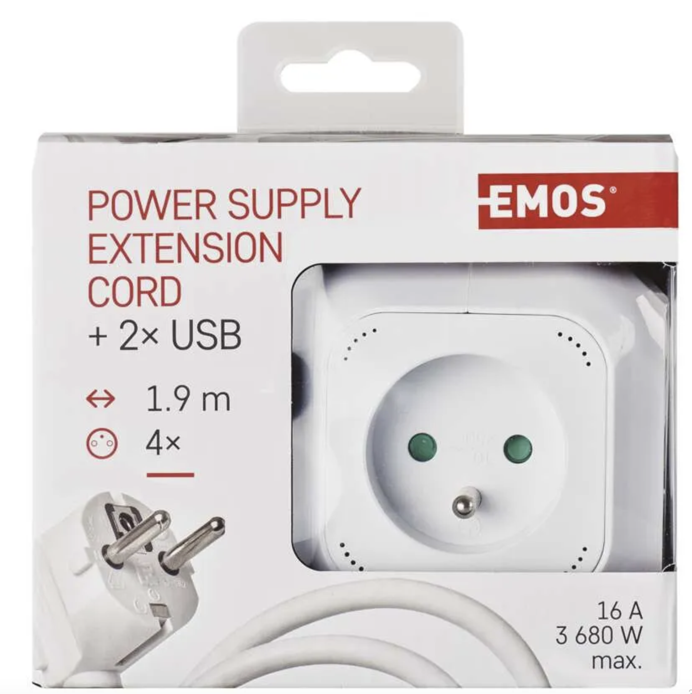 EMOS Prodlužovací kabel - kostka 1,9 m / 4 zásuvky / bílý / PVC / s USB / 1 mm2