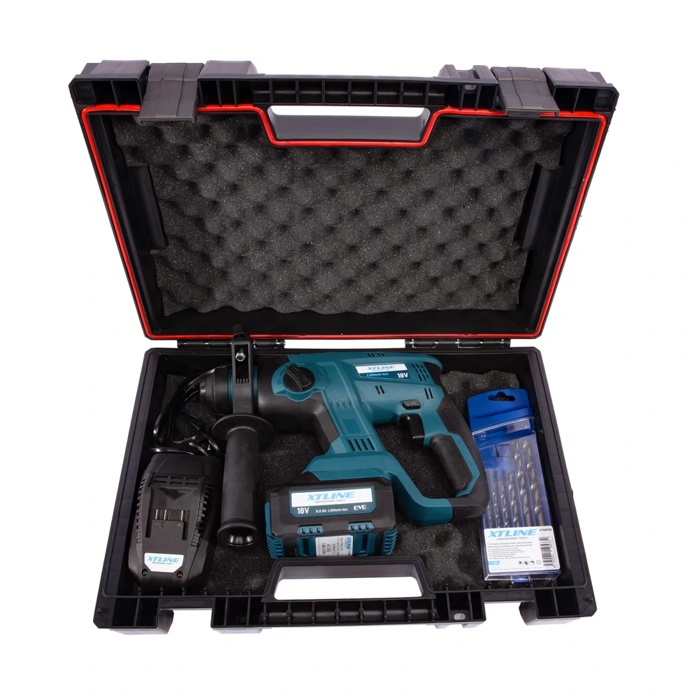 XTLINE aku kladivo SDS PLUS + baterie 5.0 Ah + sada vrtáků + nabíječka 3.5 A + kufr, XT102840-1B5B