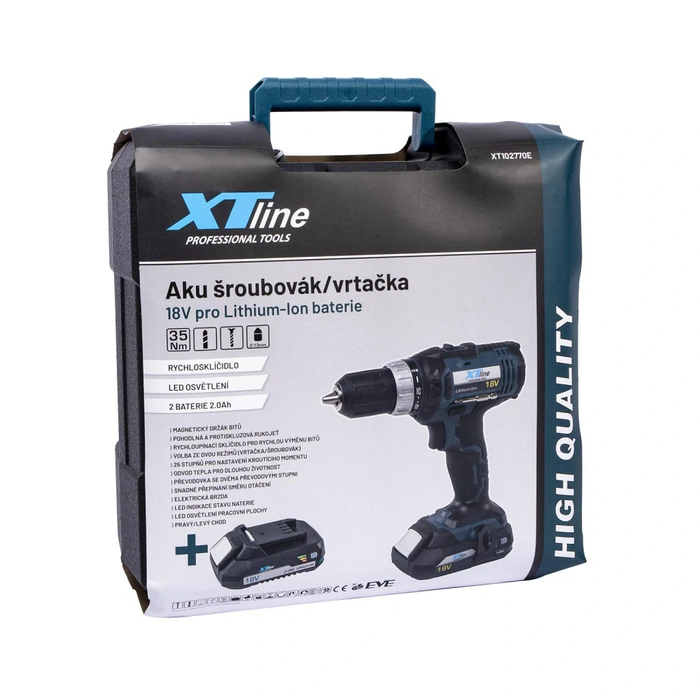 XTLINE aku vrtačka 18 V, 35 Nm + 2 baterie 2.0 Ah + nabíječka 2.4 A, XT102770E