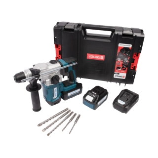 XTLINE aku kombinované pneumatické kladivo SDS PLUS bezuhlíkové 18 V + 2 baterie 5.0 Ah + sada vrtáků + nabíječka 3.5 A + box, XT102842-2B5B